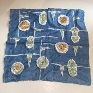 Vintage Jeanne Miller Linen Hankie - Great Cond w Blue & Gold Pennants & Shields